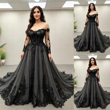 Black Gothic Wedding Dresses Off Shoulder Long Sleeve Lace Applique Bridal Gowns
