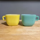 Vintage 1960’s Square Glasbake Milk Glass Mugs - Set Of 2 (Teal & Yellow)