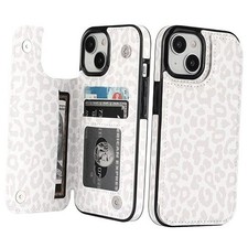 for iPhone 15 Wallet Case with Card Holder, Floral Flower White Leopard
