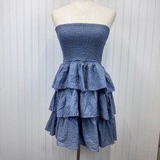 Old Navy Strapless Mini Dress Womens S Blue Smocked Tiered Ruffle Boho Coastal