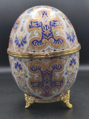 Vintage Porzellan Ei Schmuckschatulle Blau & Gold Ormolu Stil Schmuckschatulle