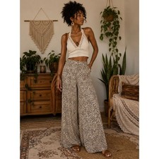 Leopard Print Wide Leg Palazzo Pants High Waisted Flowy Animal Trousers L