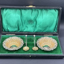 2 Salieren mit Löffel England 925 Sterling Birmingham 1900 Gewürzschalen in Box