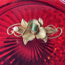 1950s Faux Pearl & Jade Floral Bar Pin Brooch - Presidium Tested - 2.25” Classic