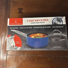 NIB ~ Emeril Lagasse 1.5 Qt Blue Ceramic Non Stick Sauce Pan with Lid
