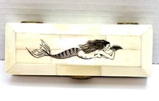 Antique Style Mermaid Scrimshaw Etched Bone & Wood Trinket Stamp Jewelry Box