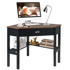 Triangle Computer Desk Corner Office Desk Laptop Table w/ Drawer Shelves Brown