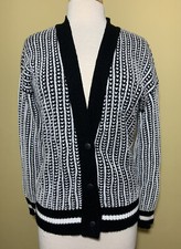 VTG ADELE 80  s Sweater Knitwear Button Front Cardigan Black White EUC
