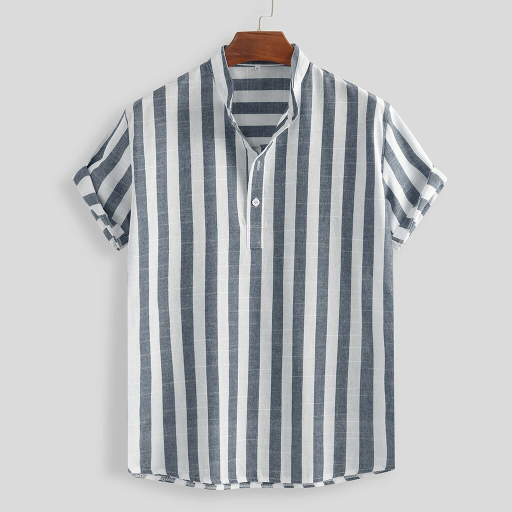 Men's Striped Cotton Linen Loose Short Sleeve Casual Buttons Shirt Tops