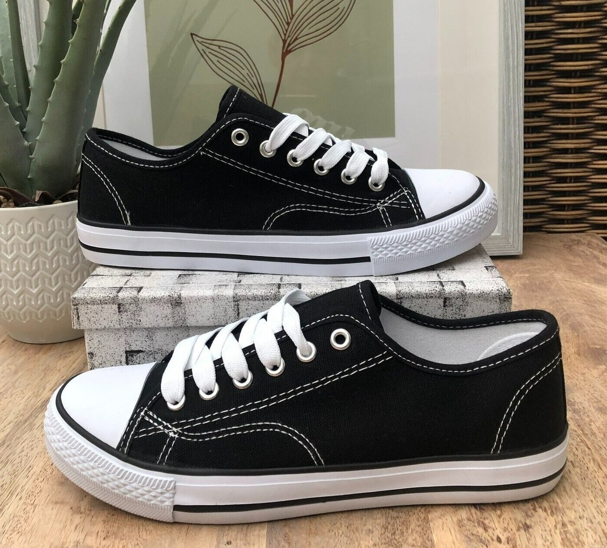 Ladies Womens Girls Black Flat Plimsolls Pumps Lace Up Canvas