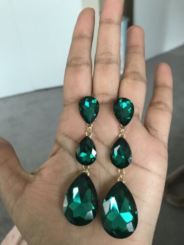 3” Green long Gold Long Teardrop Crystal Pageant Bridal Earrings Formal Prom - Picture 7 of 7