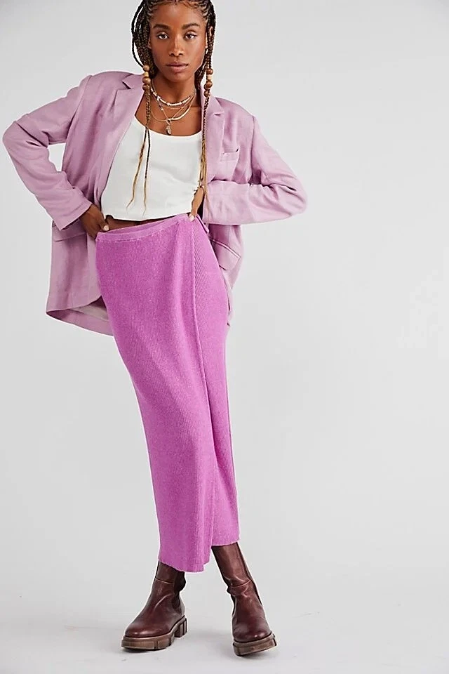 NWT FREE PEOPLE Sz M BORDERLINE MIDI SKIRT RIBBED WRAP SKIRT PINK