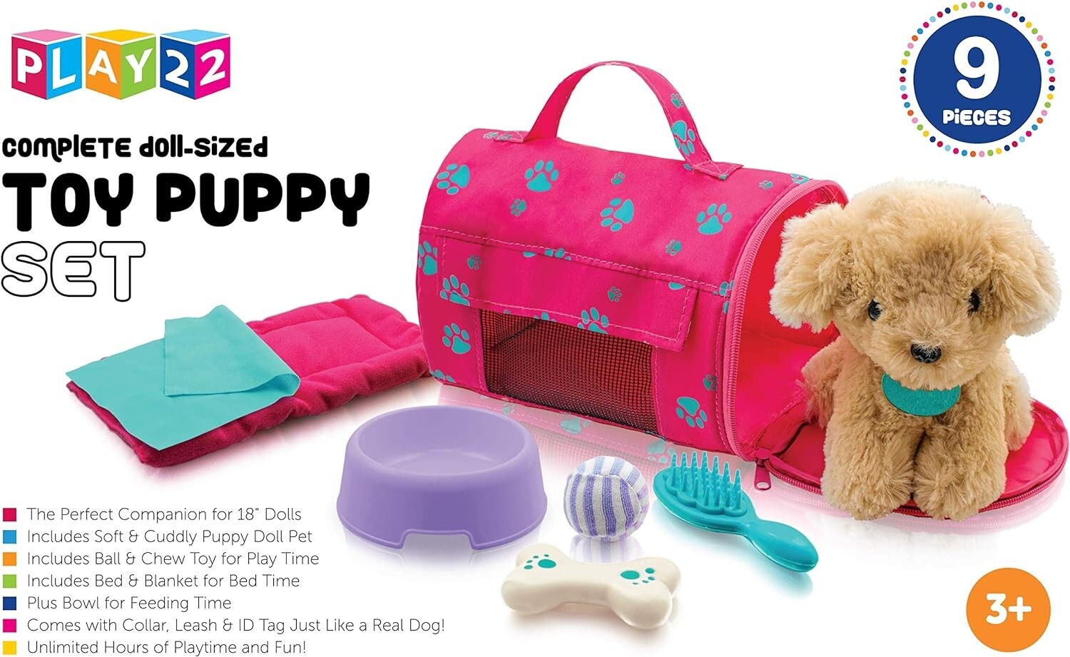 Play22 Plush Puppy Doll Set 9 PCS - Sized for 18" Dolls (slight damage on box)