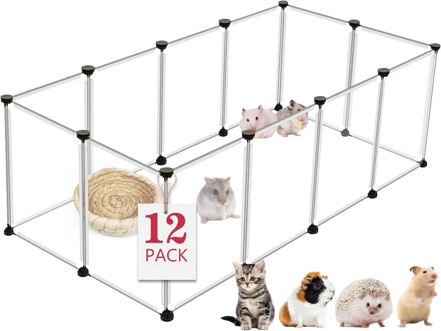 12 Panels Transparent Small Animals Playpen,48" x 24" x 16" Portable Pet Play...