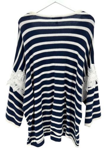 Lane Bryant Pullover Übergröße 26/28 blau weiß gestreift L/S Ärmel Blumen Spitze - Bild 15 von 15