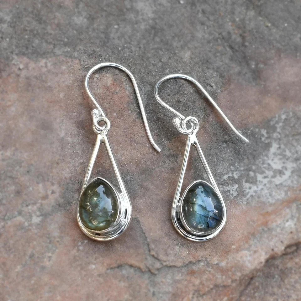 Natural Labradorite Gemstone 925 Sterling Silver Earrings Jewelry For Women - Image 3 of 4