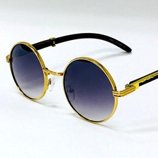 Round Sunglasses Gold Frame Wood Arms Men's Fashion Shades Bufs Migos Cholo Gang