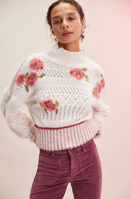 Free People Inge Pullover Sweater Floral Knit Crop Rib Trim Ivory Rose XS NEW