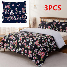 3PCS Navy Blue Soft Duvet Cover Set Queen Colorful Floral Bedding Set Bedroom