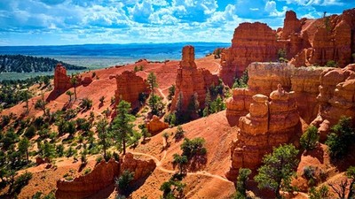 Wandbild: Aerial Red Canyon Hoodoos Rugged Trail und Pine Trees Utah [...]