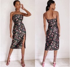 LULU’S Make A Move Black Satin Floral Jacquard Strapless Midi Dress M
