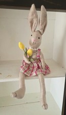 Flannel Shelf Sitter Plush Easter Bunny In Checkered Dress With Tulip Bouquet