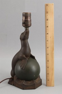 RARE Antique Art Deco Bronzed Spelter Figural SEA LION Table Lamp Working NR