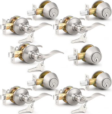 5 Sets Satin Nickel Entry Door Handle Lever + Deadbolt Combo Keyed Alike Set