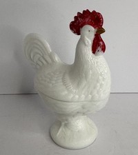 Vintage 9” Westmoreland Milk Glass Standing Rooster Covered Candy Trinket Dish