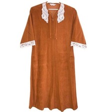 Vtg VANITY FAIR Women's Brown Velour Lace Trim House Coat Robe Gown 70's Sz S