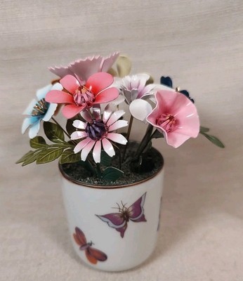 Ted Arnold Brass & Enamel Flower Bouquet In White Porcelain Vase W/ Butterflies 