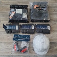 Portwest Red Ear Muff Defenders, PPE bundle Hardhat 36" Waist Navy Work Trousers