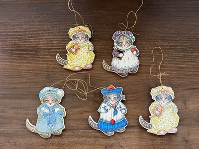 1983 KITTY CUCUMBER Vintage Die Cut Ornaments Set Of 5 ~ Merrimack Publishing Co