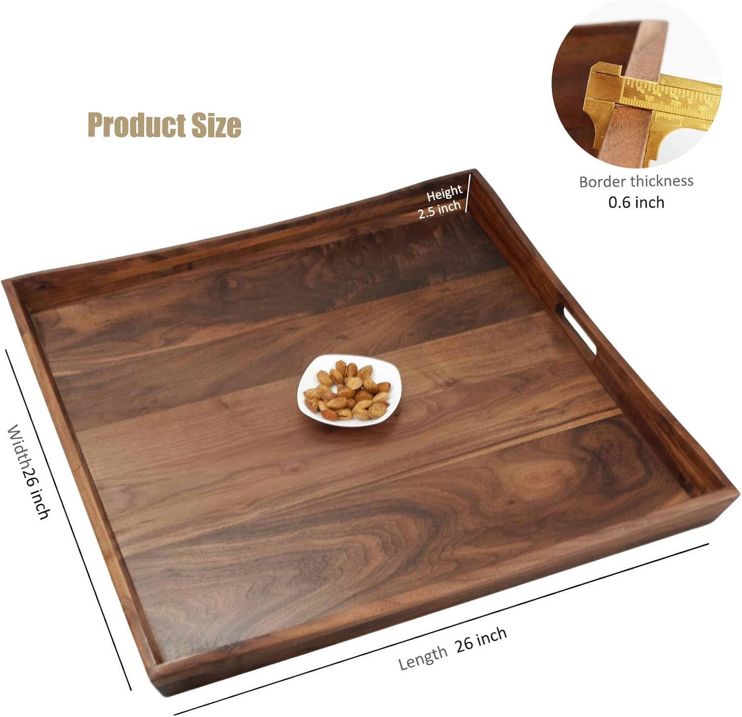 MAGIGO Large Walnut Wood Ottoman Tray 26 Inch Curved Square Serving Handles image 3
