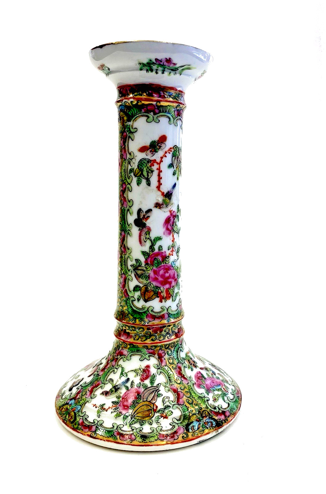 ANTIQUE CHINESE ROSE CANTON CANDLE STICK