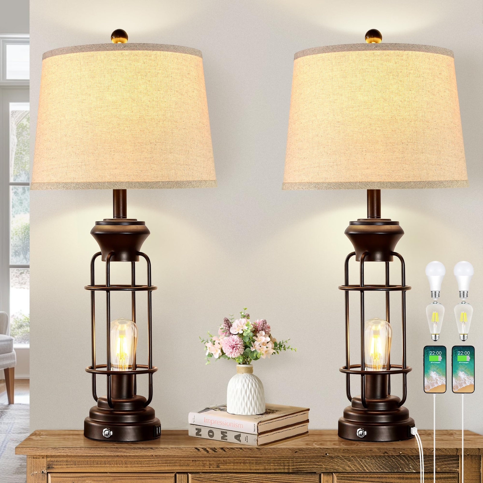 28.5 Inch Farmhouse Table Lamps Set of 2 for Bedroom or Living Room