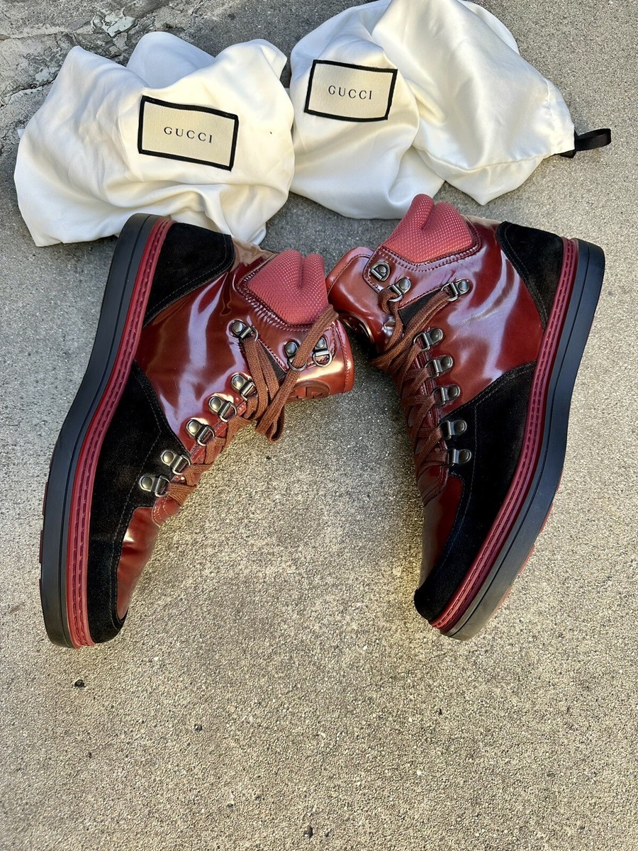 Mens GUCCI Leather Suede Combo Hi-top Sneakers Dark Red Bur Mens GUCCI Leather Suede Combo Hi-top Sneakers Dark Red Bur