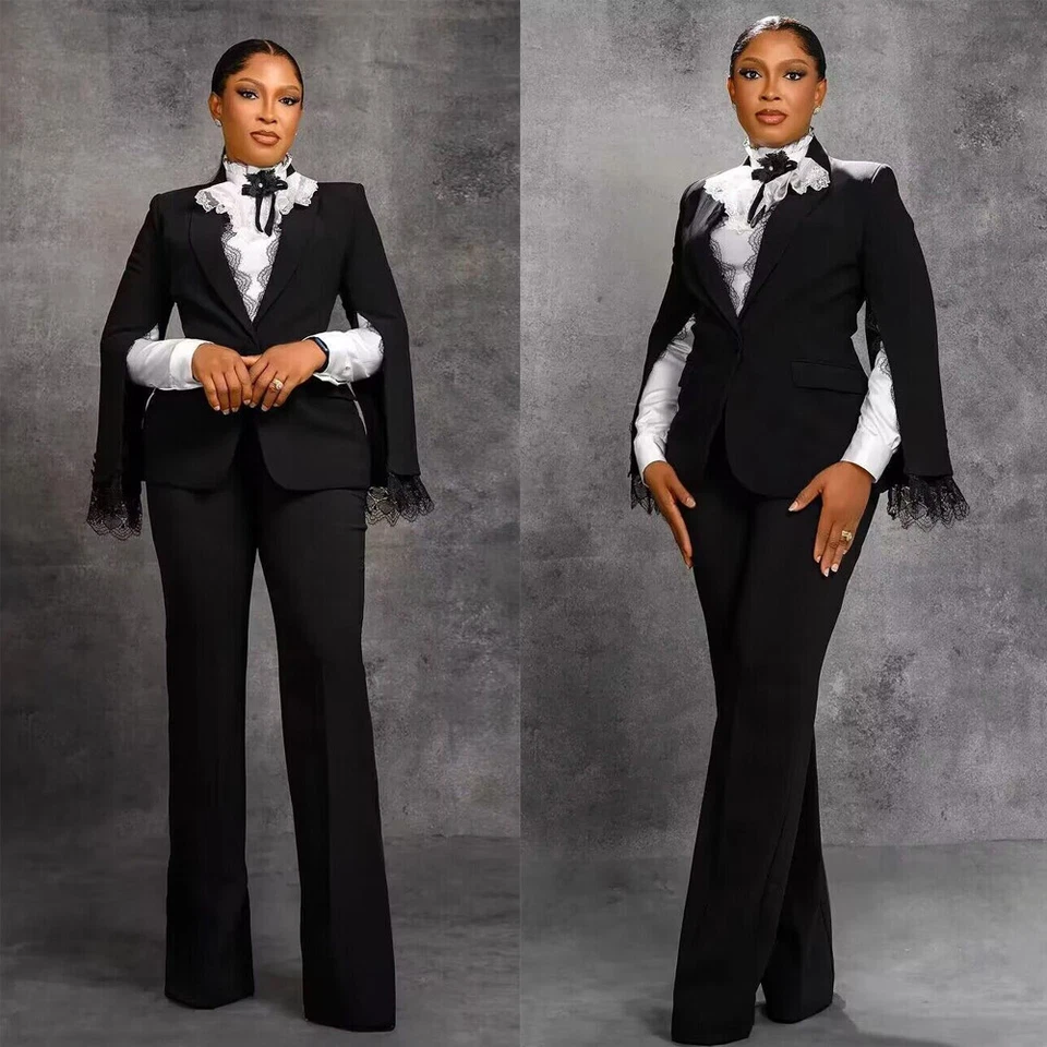 Trajes negros de talla grande para mujer con encaje formal dama oficina trabajo abrigo pantalón Foto 2 de 4