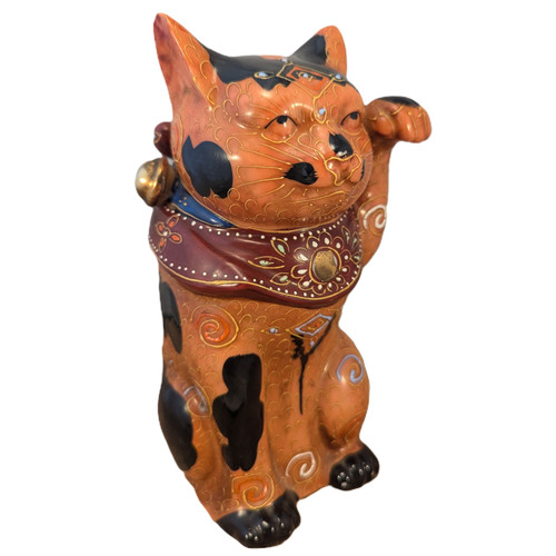Vintage Japanese Kutani Porcelain Orange Calico Maneki Neko Lucky Cat 7 1/8"