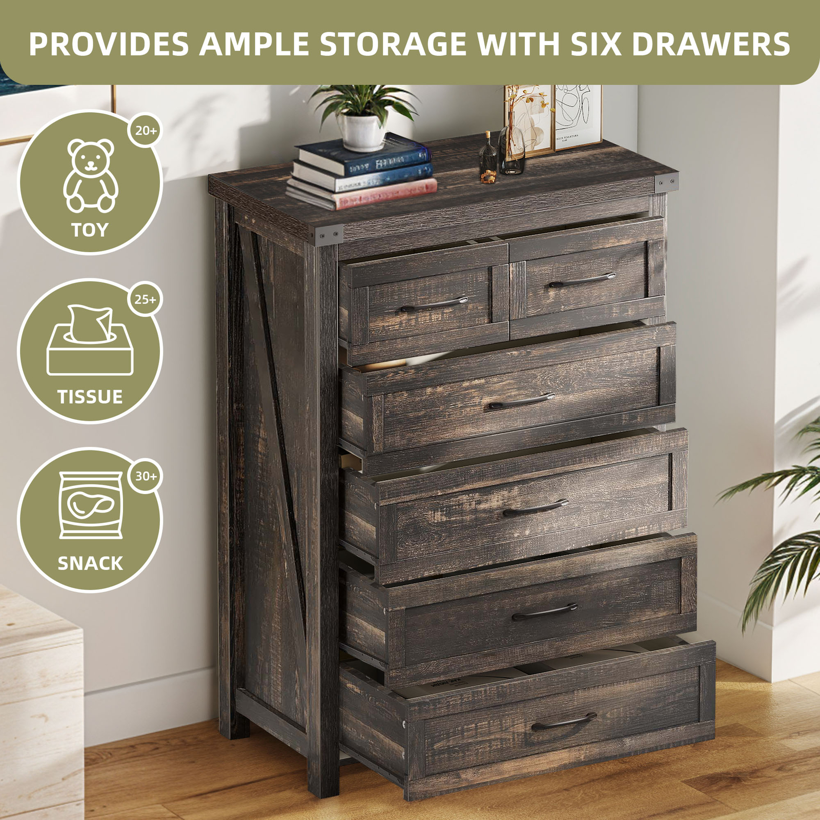 Tall 6 Drawer Dresser Dark Wood Storage Chest Bedroom Furniture Storage Cabinet