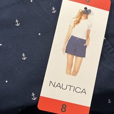 Nautica Shorts Womens 8 Navy Stretch Twill 5" Inseam Side Pockets Anchor Print