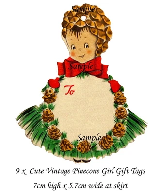 Vintage Christmas Retro Cute Pinecone Girl 1950's Image 9 x Gift Tags Card - image 1 of 3