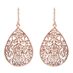 Authentic Vintage Filigree Teardrop 14K Rose Gold Plated Silver Fish Hook Dangle Earrings