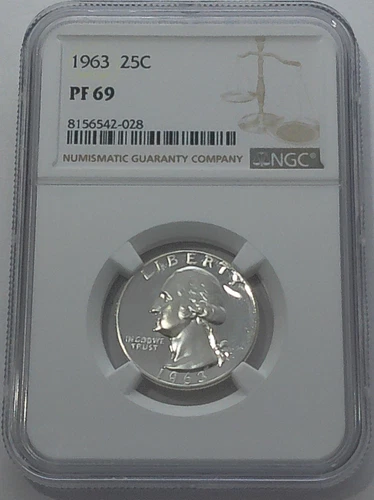 1963 NGC PF69 90% Silver Proof Washington Quarter 25c White Lbl