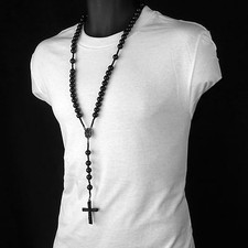 Men's Hip Hop 15mm MATTE BLACK Beads Guadalupe Rosary  Jesus Cross Necklace BK