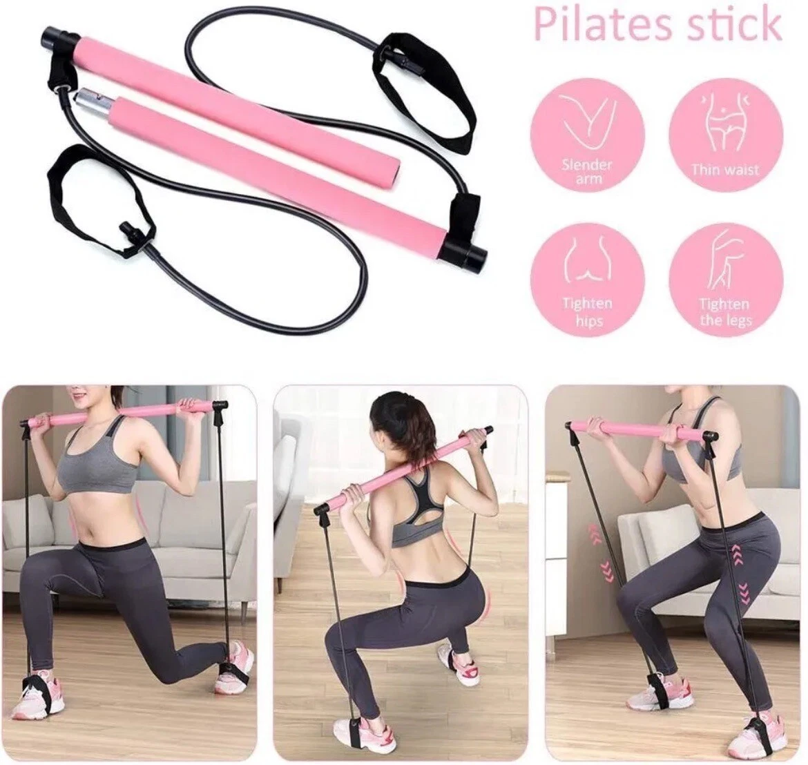 Yoga Pilates Bar Kit with Resistance Band Equipment Exercise Fitness Gym  Pink