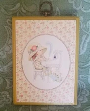 Vintage Girl at Desk Mini Wall Picture Decor Display Brass Hanger Yellow Floral