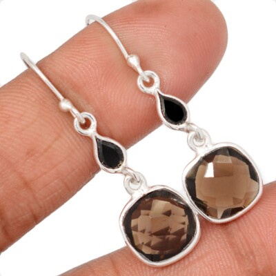 Heated Smokey Topaz - Brazil & Black Onyx 925 Silver Earrings Jewelry CE47733