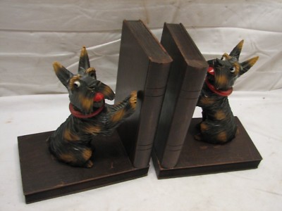 Hand Carved Wooden Bookends Schnauzer Terrier Dog Puppy Library