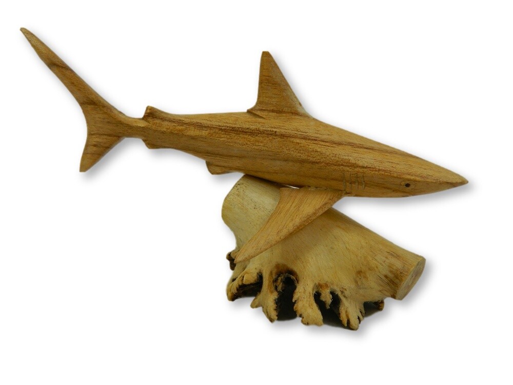 Wooden Shark Carving - Hand Carved Great White Shark on Parasite Wood - 20cm